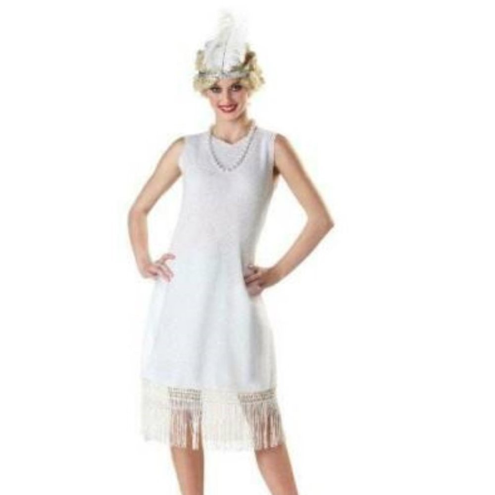 Flapper White Halloween Costume 4/6 Sequined Dress, Headpiece, Necklace Womens
